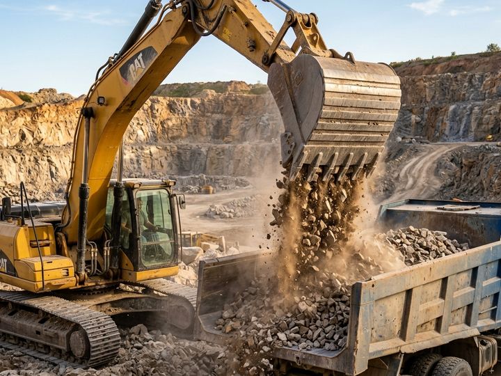 Excavator loading crushed stone into a dump truck at TMC quarry