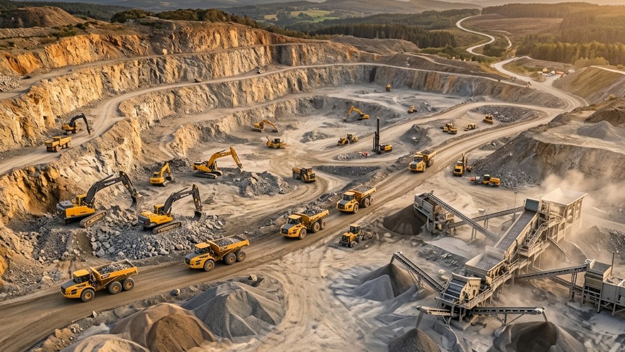 Heavy excavator and tipper truck operating in a quarry at sunrise
