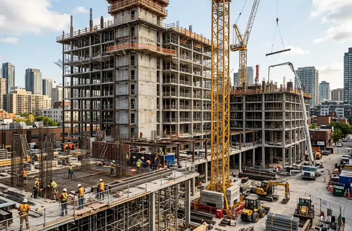 Civil construction project with workers and heavy equipment