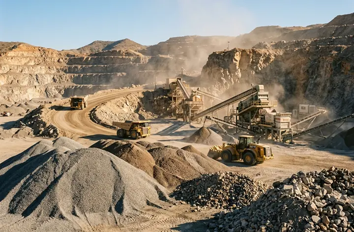 Crushed stone and aggregate material piles at quarry