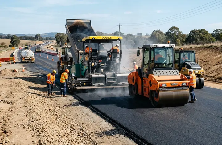 Road paving and surfacing machinery in operation